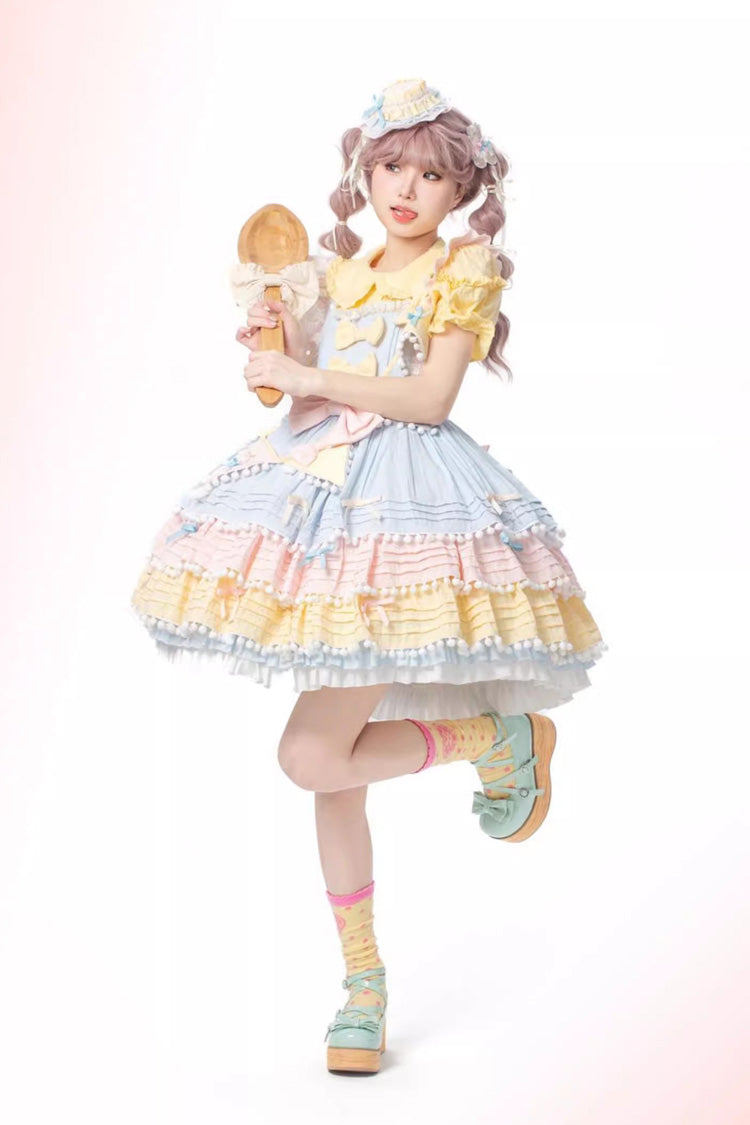 Blue/Pink/Yellow Sweetheart Macaron Ice Cream Multi-Layered Ruffle Bowknot Sweet Lolita Dress - Product - 7