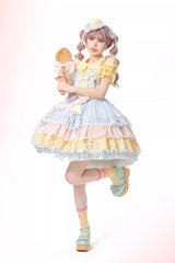 Blue/Pink/Yellow Sweetheart Macaron Ice Cream Multi-Layered Ruffle Bowknot Sweet Lolita Dress - Product - 7