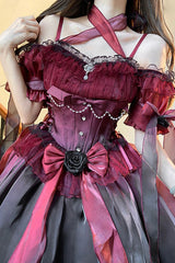 Wine Red Midsummer Dream Short Sleeves Ruffle Hanayome Off-The-Shoulder Gothic Short Lolita Dress - Product - 2