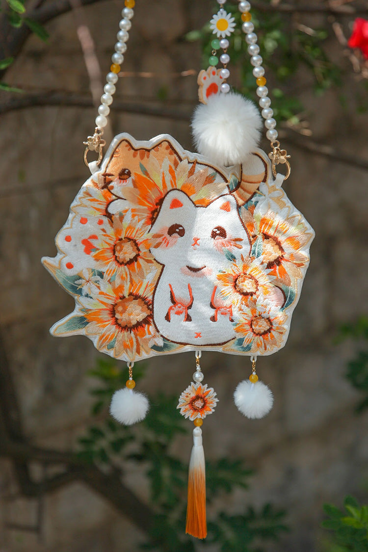 Multi-Color Sunflower Cat Embroidery Pearl Chain Sweet Lolita Crossbody Bag - Product - 4