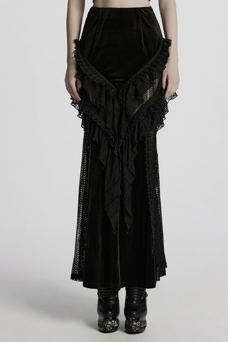 Black Ruffle Stitching Lace Women's Gothic Fishtail Skirt - Black - 1