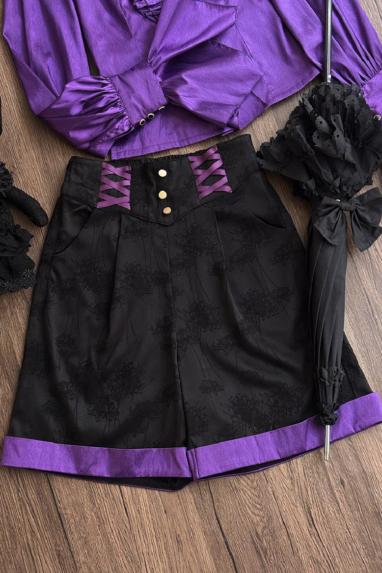Black/Purple [Moonlit Return] Jacquard Printed Lace-Up Gothic Elegant Ouji Lolita (Blouse/Pants/Shorts/Vest) - Shorts(Only) - 9