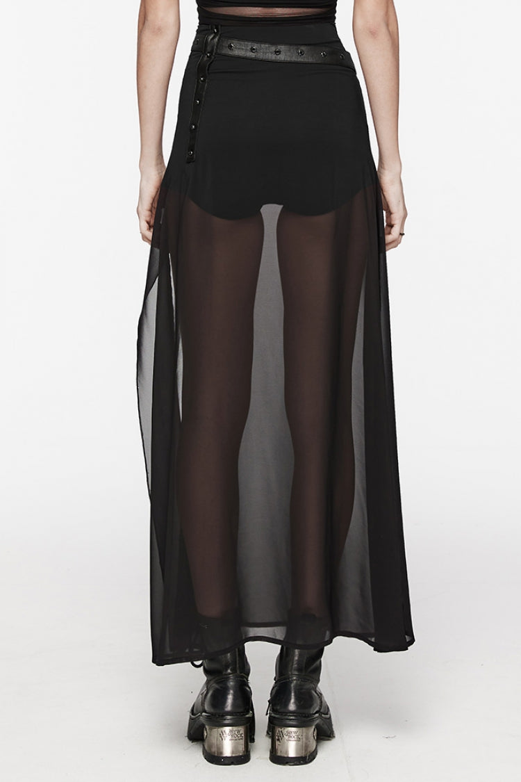 Black Rivet Split Women's Gothic Skirt with Belt - Product - 3
