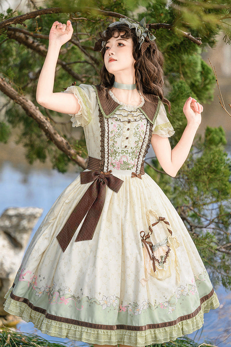 Green/Ivory [Lily] Short Sleeves Print Ruffle Embroidery Bowknot Lace Sweet Elegant Lolita Dress - Product - 4