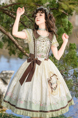 Green/Ivory [Lily] Short Sleeves Print Ruffle Embroidery Bowknot Lace Sweet Elegant Lolita Dress - Product - 4