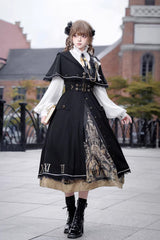 Black [Dragon’s Aria] Long Sleeves Printed Embroidered College Style Gothic Vintage Lolita Dress Three-Piece Set - Product - 3