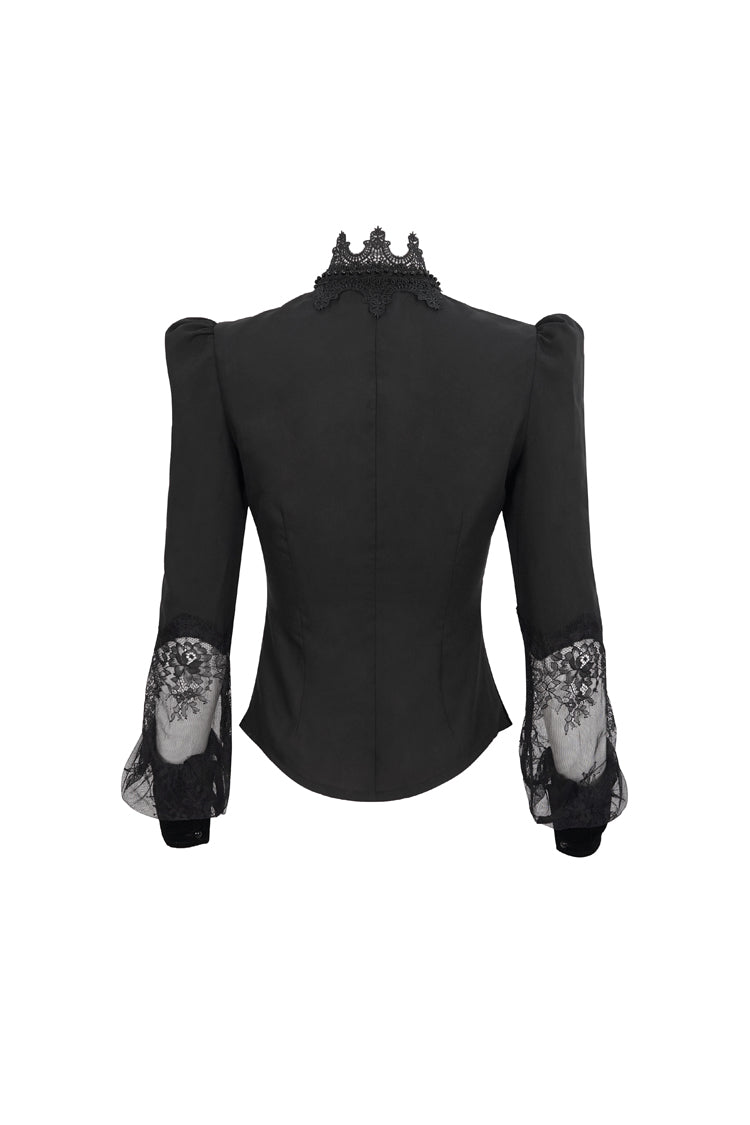 Black High Collar Translucent Lace Patchwork Bow Decoration Long Sleeve Women's Gothic Shirt - Product - 10