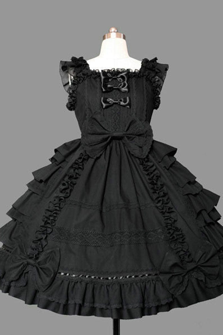 Black Lace Square Neck Cap Sleeve Knee Length Ruffled Bowknot Gothic Lolita Dress - Black - 1