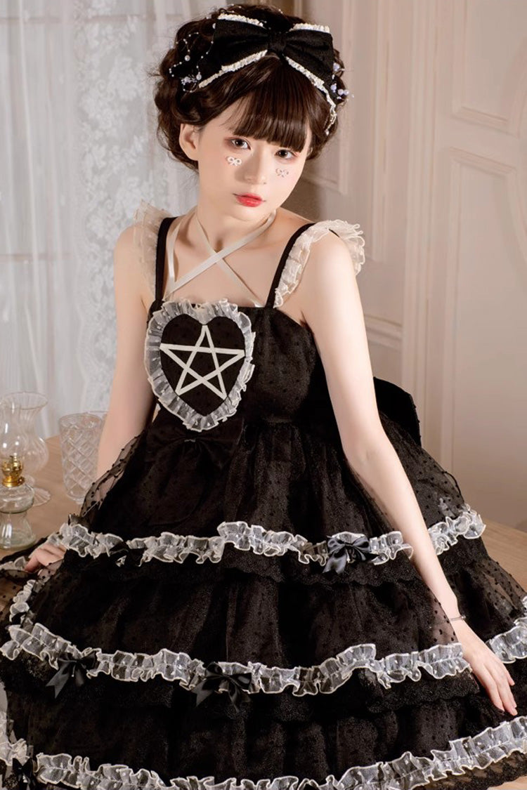 Black [Du Meisha's Star Wish] Sleeveless Triple-Layered Jacquard Ruffle Bowknot Sweet Gothic Lolita Jsk Dress - Product - 7