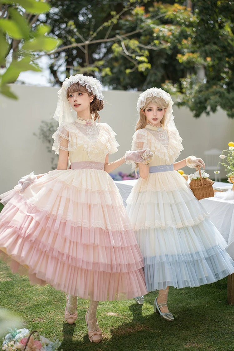 Pink [Sincere Vow] Edwardian Collar Short Sleeves Ombre Multi-Layered Ruffled Embroidered Sweet Lolita Dress - Product - 5