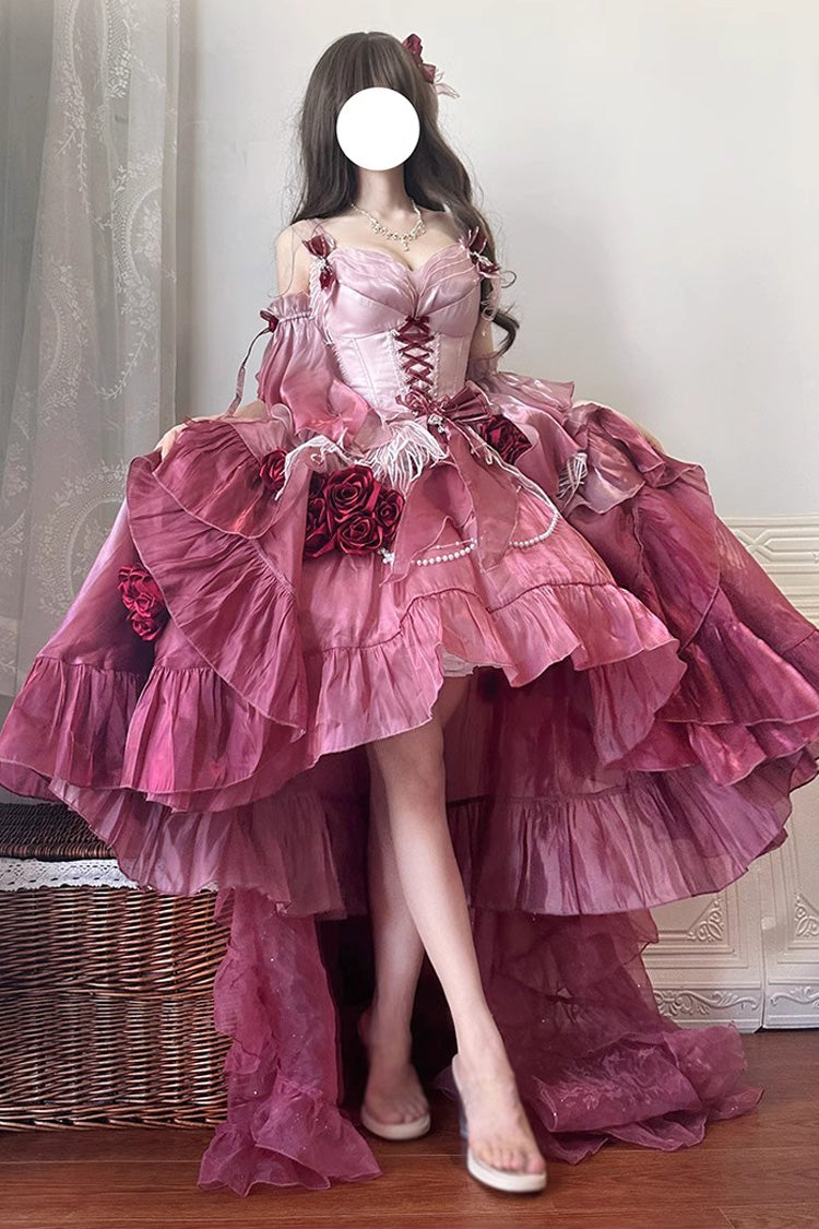 Plum Red [Swan Wonderland] Embroidery Bowknot Lace-Up Short Front Long Back Irregular Sweet Ballet Lolita Jsk Dress - Red - 1