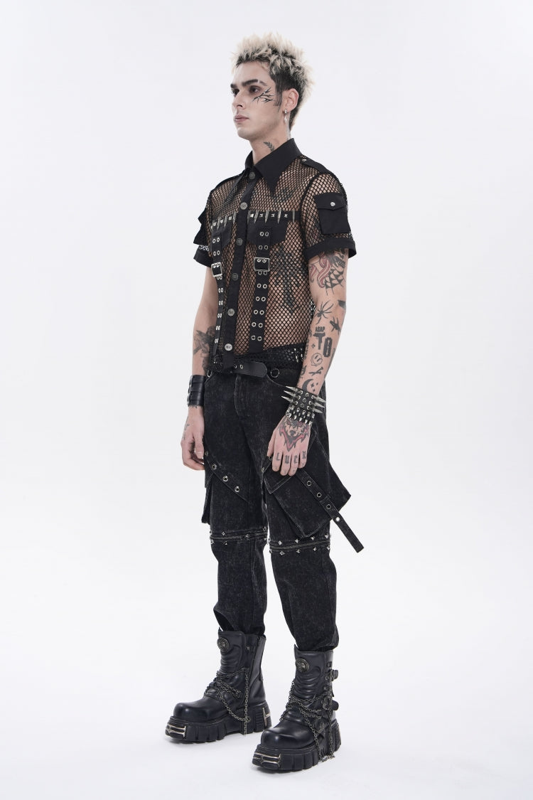 Black Lapel Collar Short Sleeves Cut-Out Spliced Sheer Mesh Studded Eyelet Men's Punk Small Pockets Cool Shirt - Product - 3