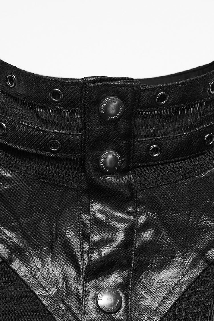 Black Stand Collar Long Sleeves Rivet Buckle Straps Eyelet Men's Punk Blouse - Product - 5