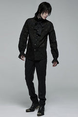 Black Gothic Long Sleeve Mesh Texture Fabric Lace Pleated Ruffle Tie Design Men's Shirt - Product - 4