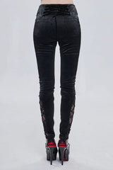 Black Textured Pattern Lace Decoration Metal Zipper Mid-High Waist Tie Women's Gothic Trousers - Product - 4