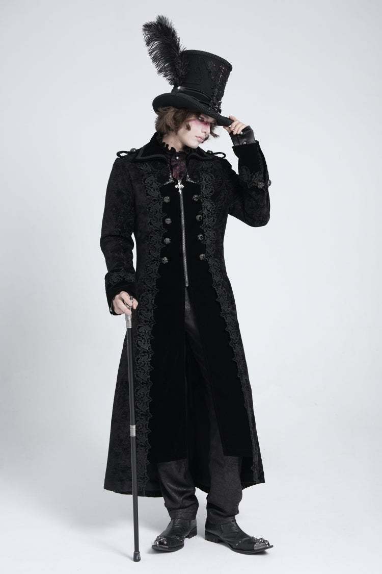 Black Lapel Collar Embroidery Zipper Men's Gothic Handsome Coat - Product - 6