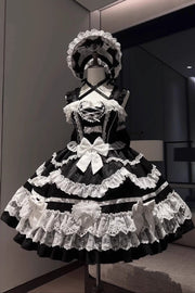 Black/White [Super Cute Belia] Sleeveless Triple-Layered Ruffle Bowknot Lace Gothic Elegant Lolita Jsk Dress - Black/White - 1