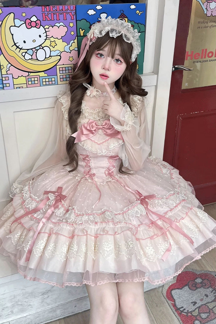 Pink [Candy House] Sleeveless Ruffle Bowknot Lace Lace-Up Sweet Lolita Jsk Dress - Product - 2