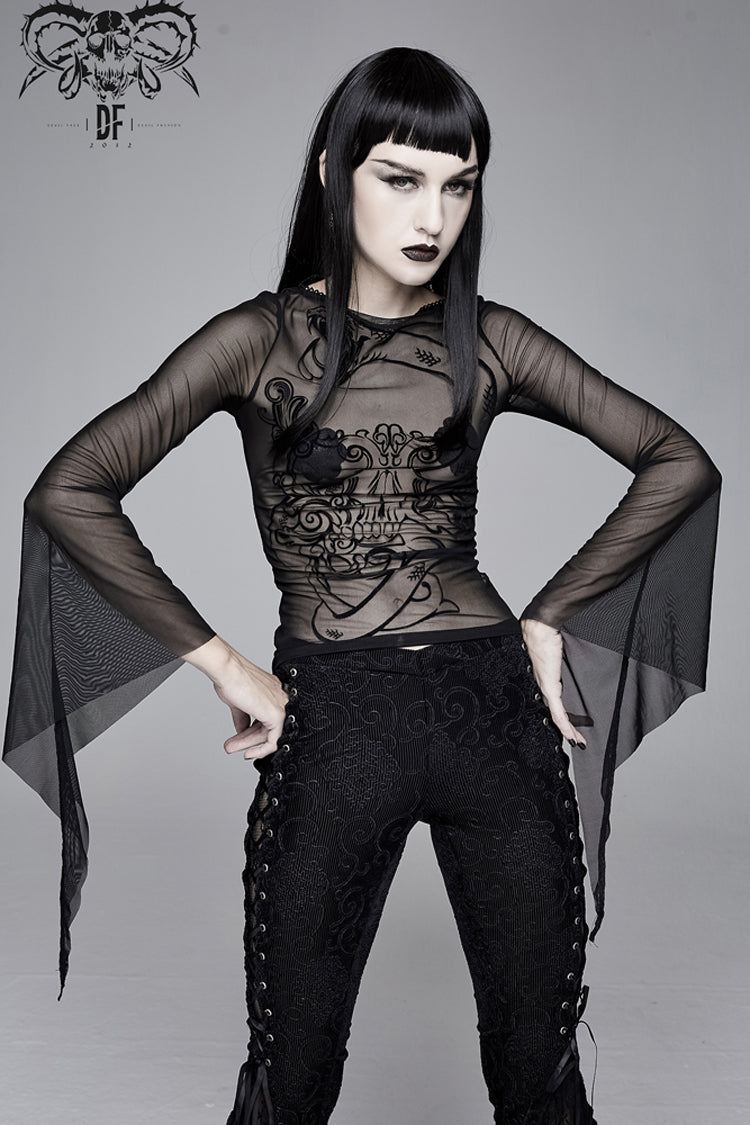 Black Mesh Horn Sleeve Snake Flocking Printed Women's Gothic Shirt - Product - 2