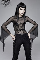 Black Mesh Horn Sleeve Snake Flocking Printed Women's Gothic Shirt - Product - 2