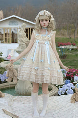 Beige [Little Wind Chime] Sleeveless Multi-Layered Printed Ruffled Bow Lace Sweet Elegant Princess Lolita Jsk Dress - Product - 8