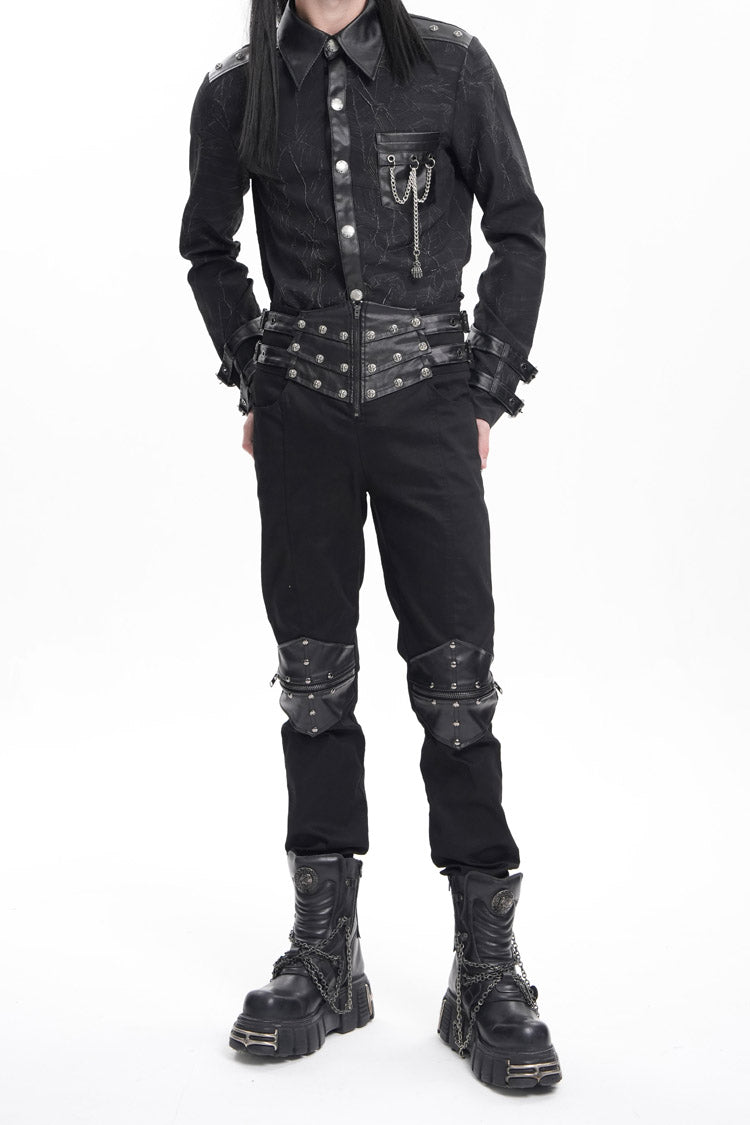 Black Stitching Buckle-up Studs Men's Gothic Pants - Product - 4