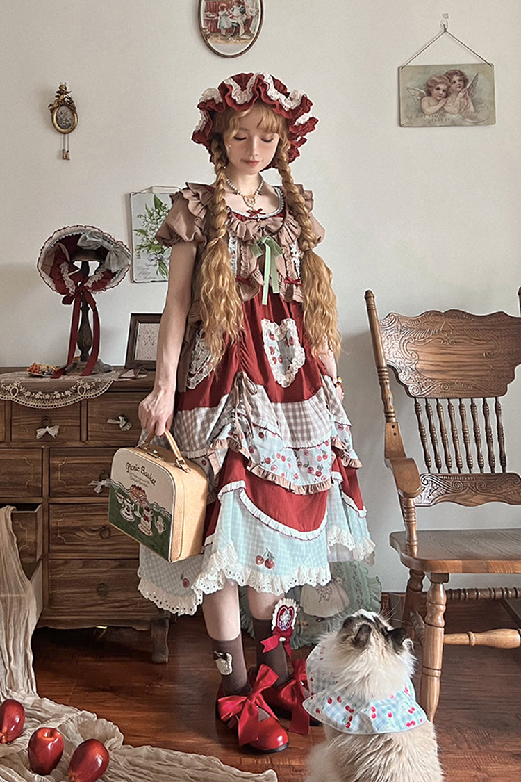 Multi-Color Cherry Print Short Sleeves Multi-Layered Ruffle Embroidery Sweet (Dress Only) detail view 5