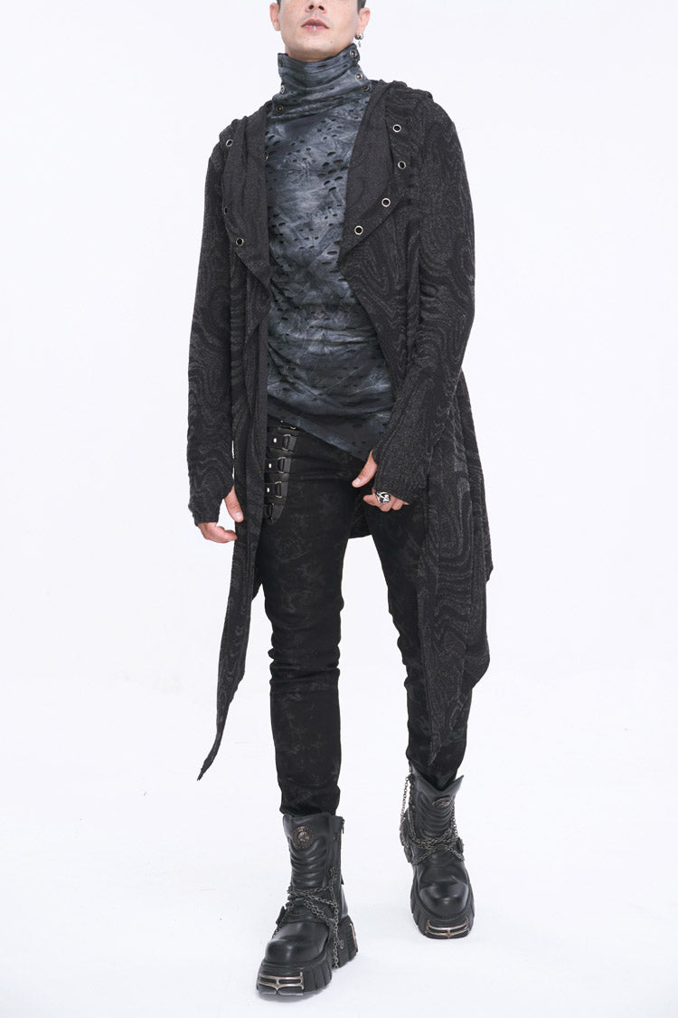 Black Lrregular Back Multi Chain Long Men's Gothic Coat With Hood - Black - 1