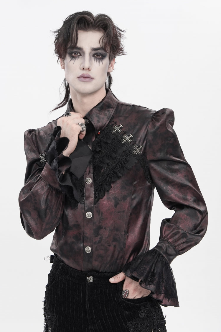 Red  Cross Spider Turn-down Collar Long Trumpet Sleeves Printed Lace Men's Gothic Shirt - Red - 1