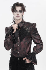 Red  Cross Spider Turn-down Collar Long Trumpet Sleeves Printed Lace Men's Gothic Shirt - Red - 1