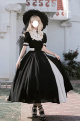 Black/White Short Sleeves Color-blocked with Detachable Embroidered Faux Collar Gothic Lolita Dress - Black/White - 1