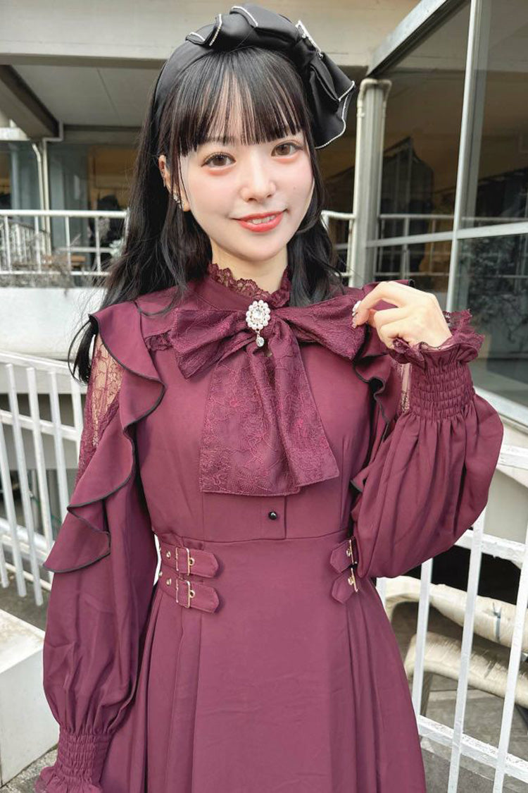 Rose Red Stand Collar Off Shoulder Long Sleeves Hollow Bowknot Slim Jirai Kei Japanese Dress - Product - 7