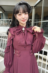 Rose Red Stand Collar Off Shoulder Long Sleeves Hollow Bowknot Slim Jirai Kei Japanese Dress - Product - 7