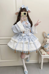 Blue [Snow Rabbit] Long Sleeves Ruffle Bowknot Fake Two Pieces Sweet Lolita Dress - Blue - 1