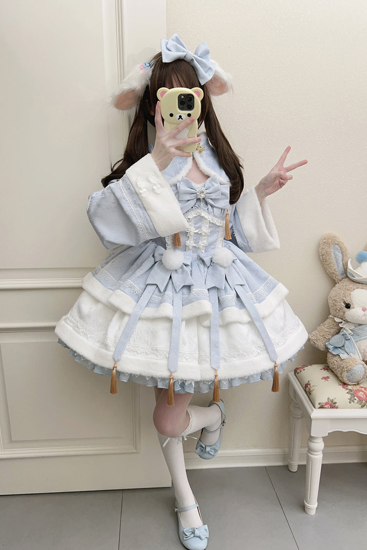 Blue [Snow Rabbit] Long Sleeves Ruffle Bowknot Fake Two Pieces Sweet Lolita Dress - Blue - 1