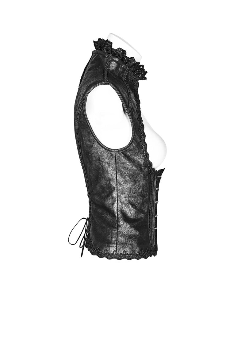 Black Back Waist Lace Up High Collar Front Metal Rivet Chest Hollow-Out Women's Punk Floral Vest - Product - 6