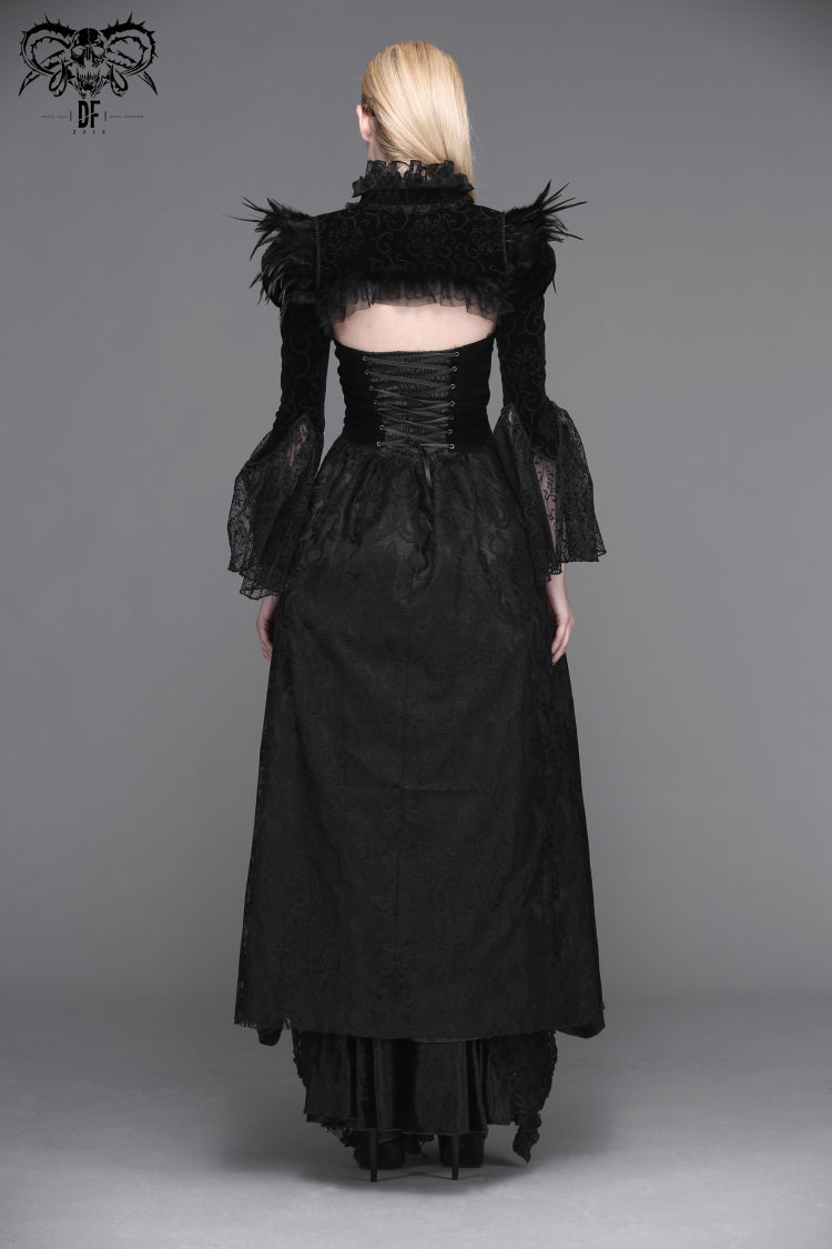 Black High Collar Long Trumpet Sleeves Printed Lace Pleated Women's Vintage Punk Jacket - Product - 3
