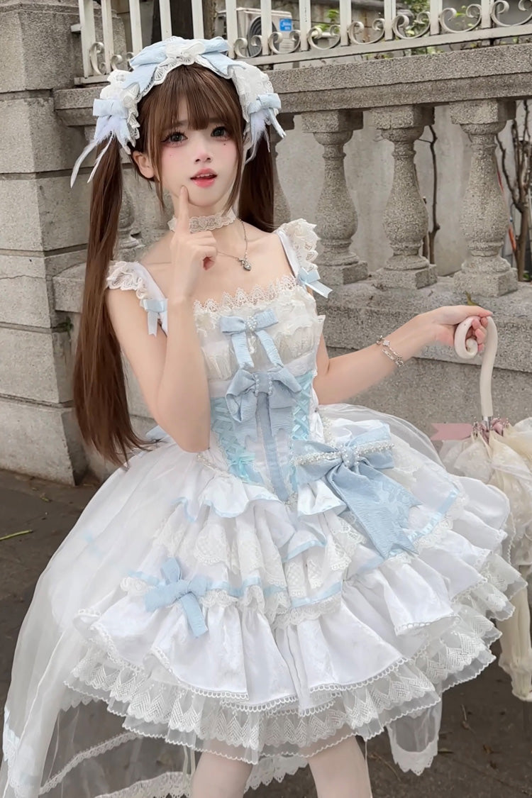 Blue/White [Clouds and Mist] Multi-Layered Ruffle Bowknot Lace Sweet Princess Lolita Jsk Dress - Product - 3