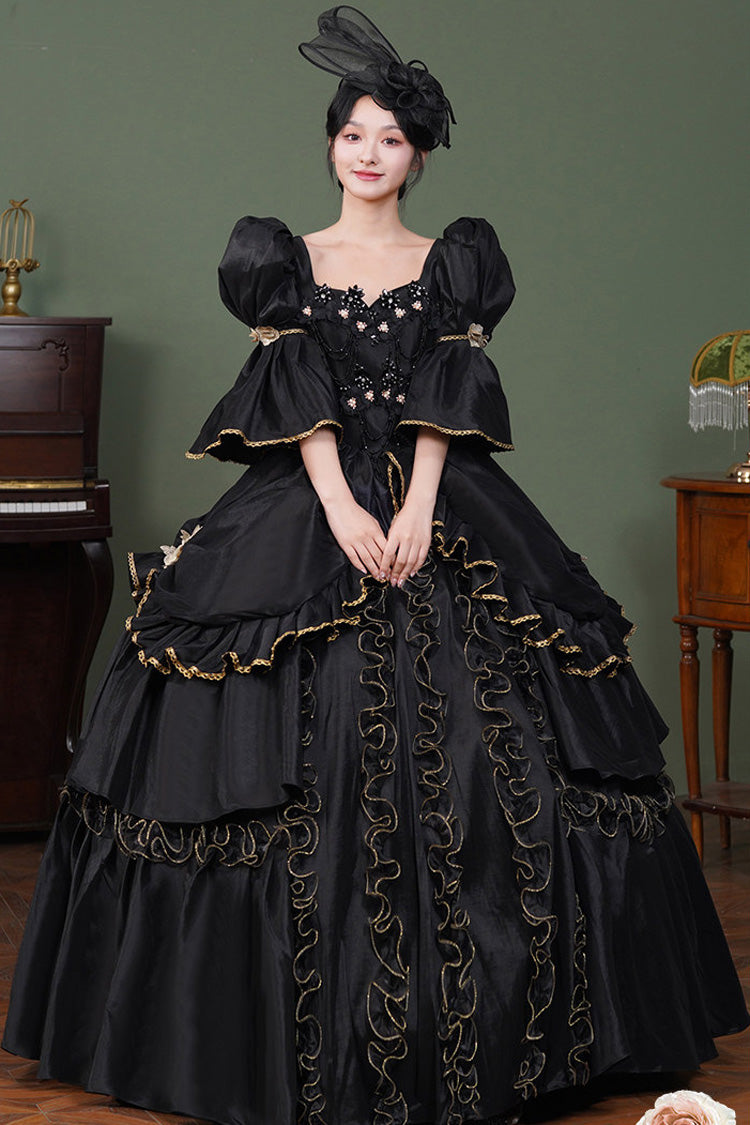 Black Square Collar Half Trumpet Sleeves Double-Layered Ruffled Open-Front Gothic Vintage Palace Lolita Victorian Dress - Product - 6