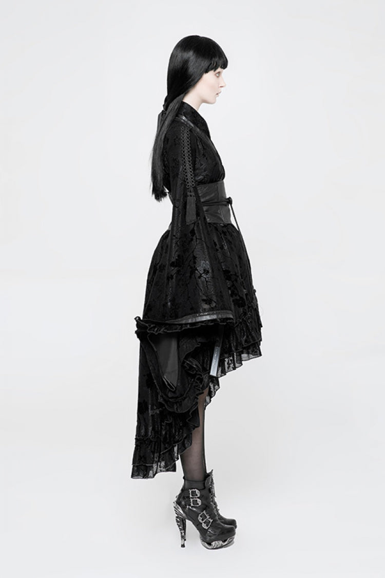 Black Long Sleeves Print Ruffle Women's Gothic Kimono Dress - Product - 2