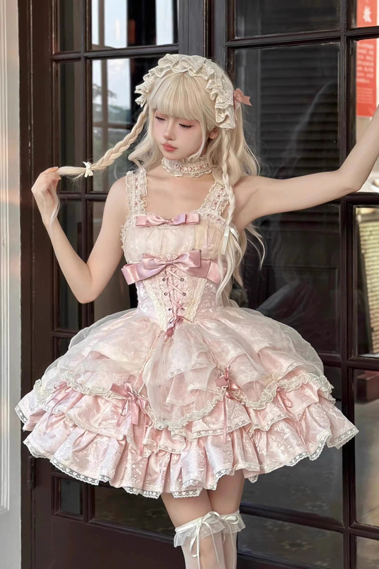 Pink Sleeveless Multi-layer Ruffle Bowknot Lace-Up Sweet Princess Lolita Jsk Dress - Product - 2