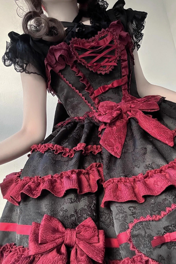 Black/Red [Super Cute Belia] Sleeveless Triple-Layered Ruffle Bowknot Lace Gothic Elegant Lolita Jsk Dress - Product - 7