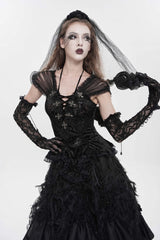 Black V Collar Short Sleeves Embroidered Lace Lace-Up Slim Women's Gothic Top - Product - 5