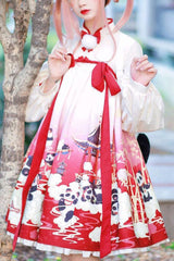 Panda Print Chinese Style Sweet Lolita OP Dress - White/Red - 3