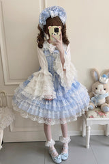 Blue [Love Overture] Multi-Layered Ruffle Bowknot Lace Sweet Lolita Jsk Dress - Product - 8