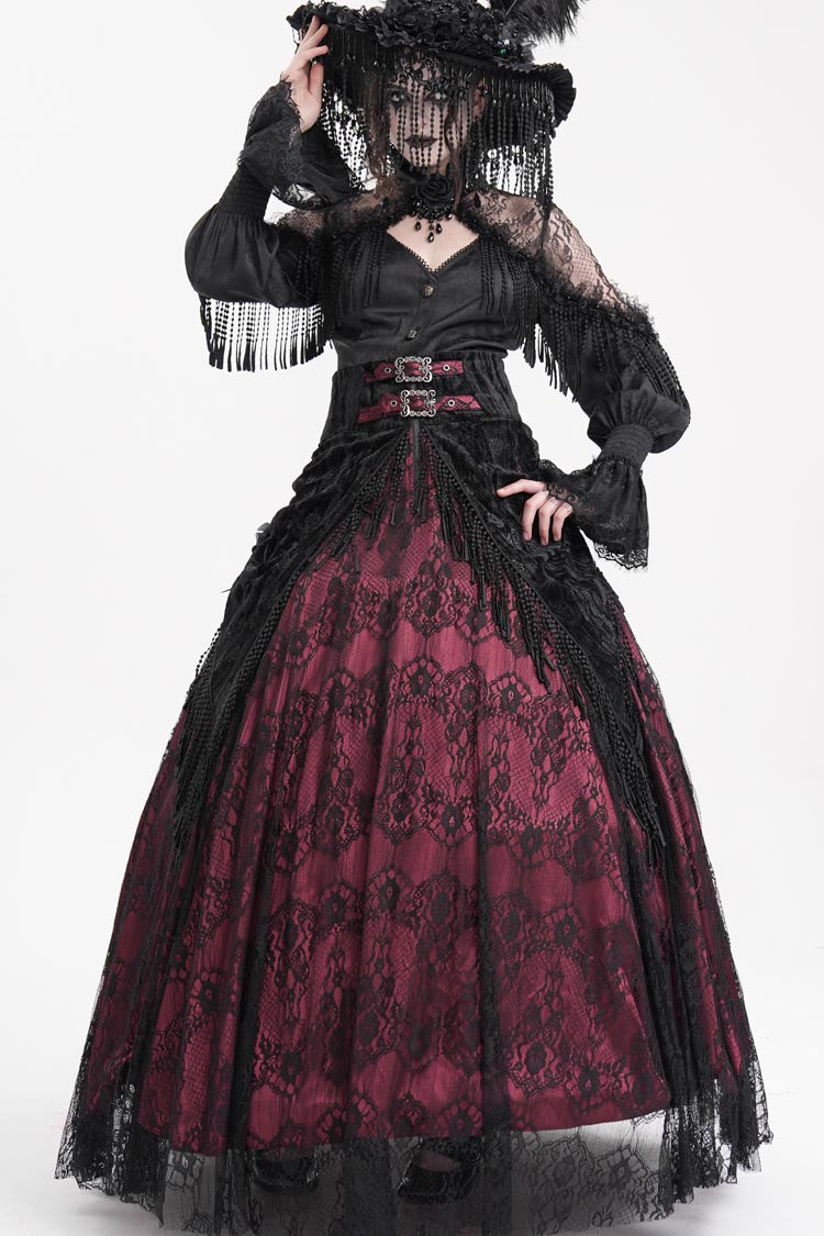 Wine Red Print Embroidery Tassels Buckle-up Lace-Up Women's Gothic Long Skirt - Product - 2