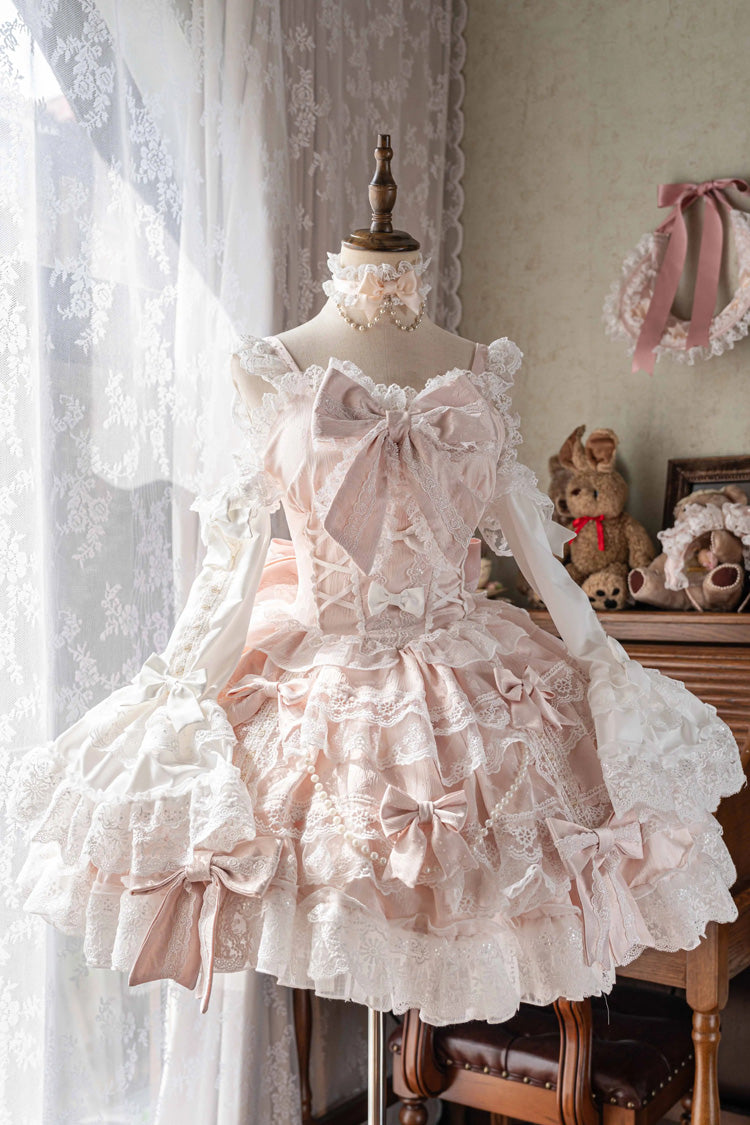 Pink [Small Cakes] Sleeveless Multi-Layered Ruffle Bowknot Lace Sweet Lolita Jsk Dress - Pink - 1
