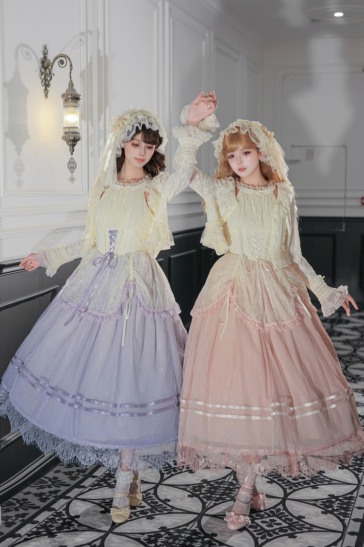 [Tulip Scent] Halterneck Sleeveless Printed Ruffled Lace Lace-Up Fishbone Sweet Lolita Jsk Dress Set (Pink/Purple 2 Colors) - Product - 13