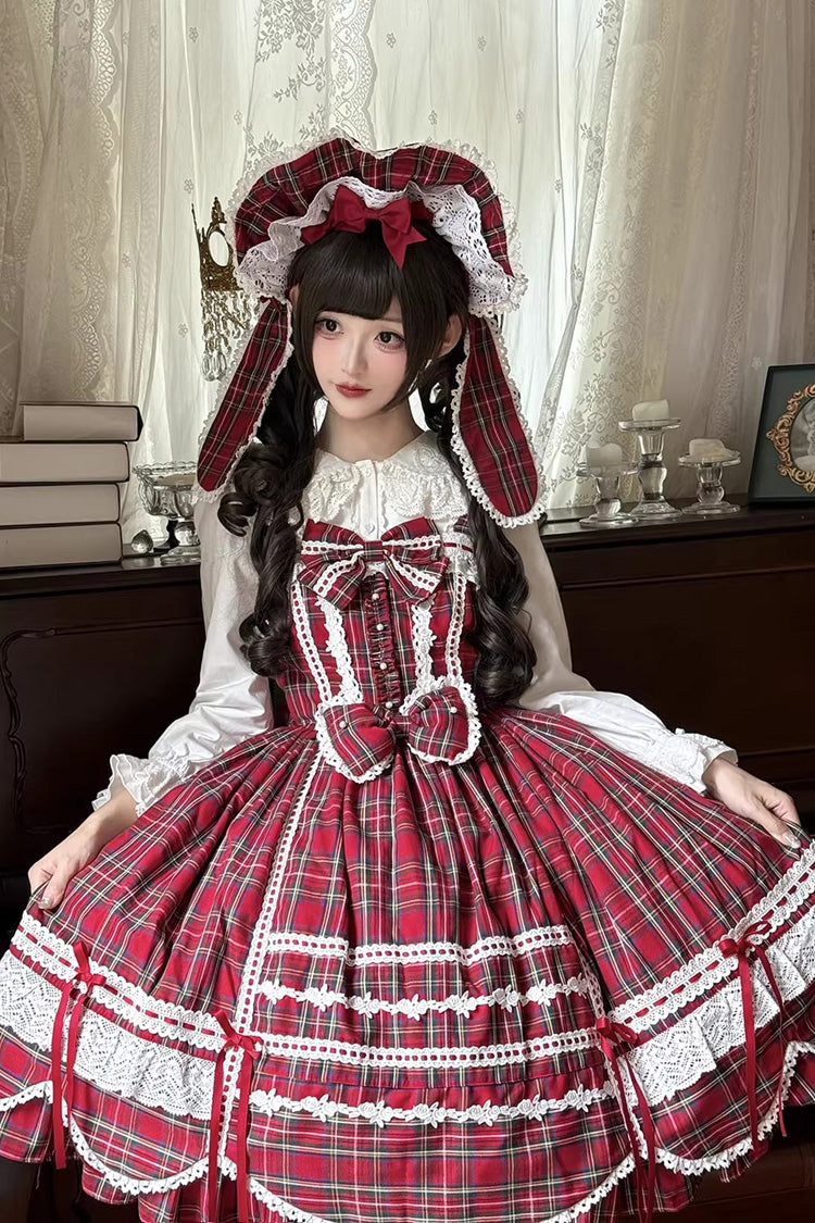 Red [Gingham Petal Bunny] Printed Ruffled Bow Sweet Lolita Jsk Dress - Product - 6