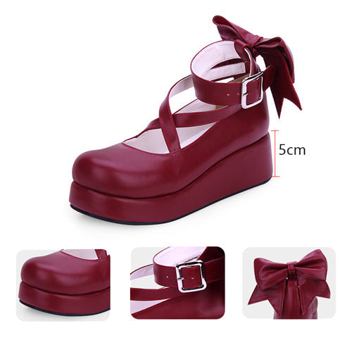 Round-toe Shallow Mouth Bowknot Cute Lolita Middle Heels Shoes - Product - 12